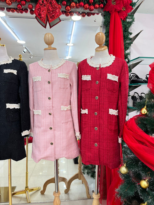 Ladies Elegant Lacey Neck Border Tweed Dresses